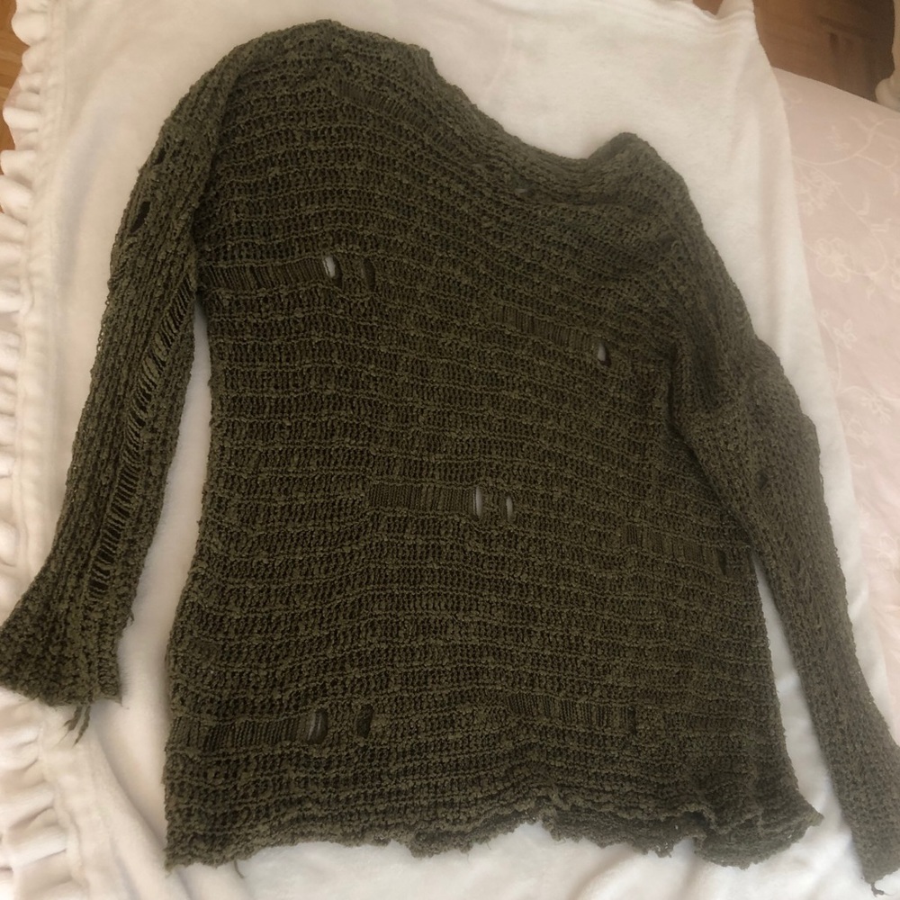 LF millau olive green distressed knit sweater